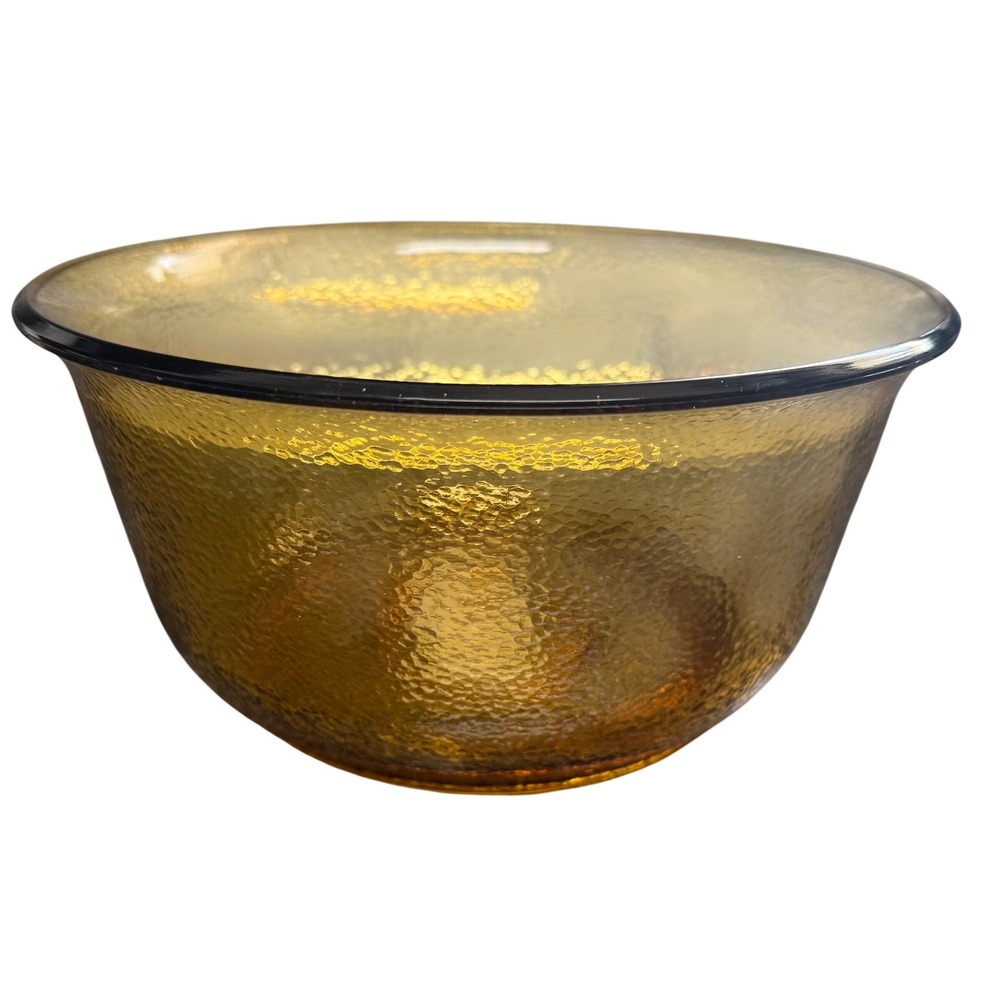 Vintage Amber Hammered Glass Serving Bowl Mid Century Modern Pebbled 9 Inch